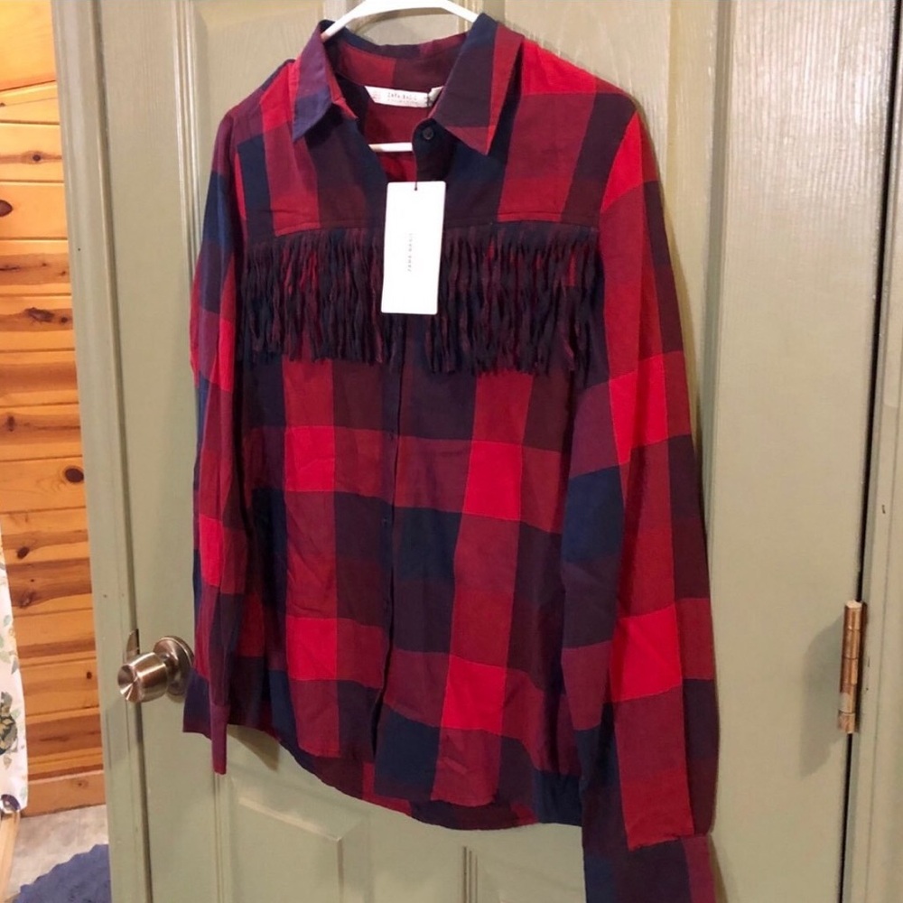 NWT Zara Fringe Plaid Shirt